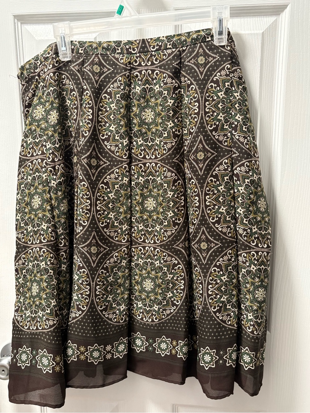 Printed A-Line Skirt in Olive & Brown